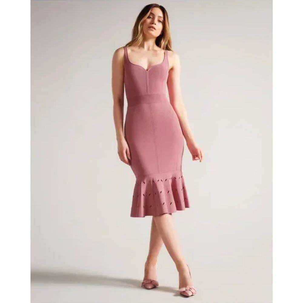Ted Baker Emesta Dress Pink Knit Midi Eyelet Sleeveless Flounce Sz 10 US (4 Ted)